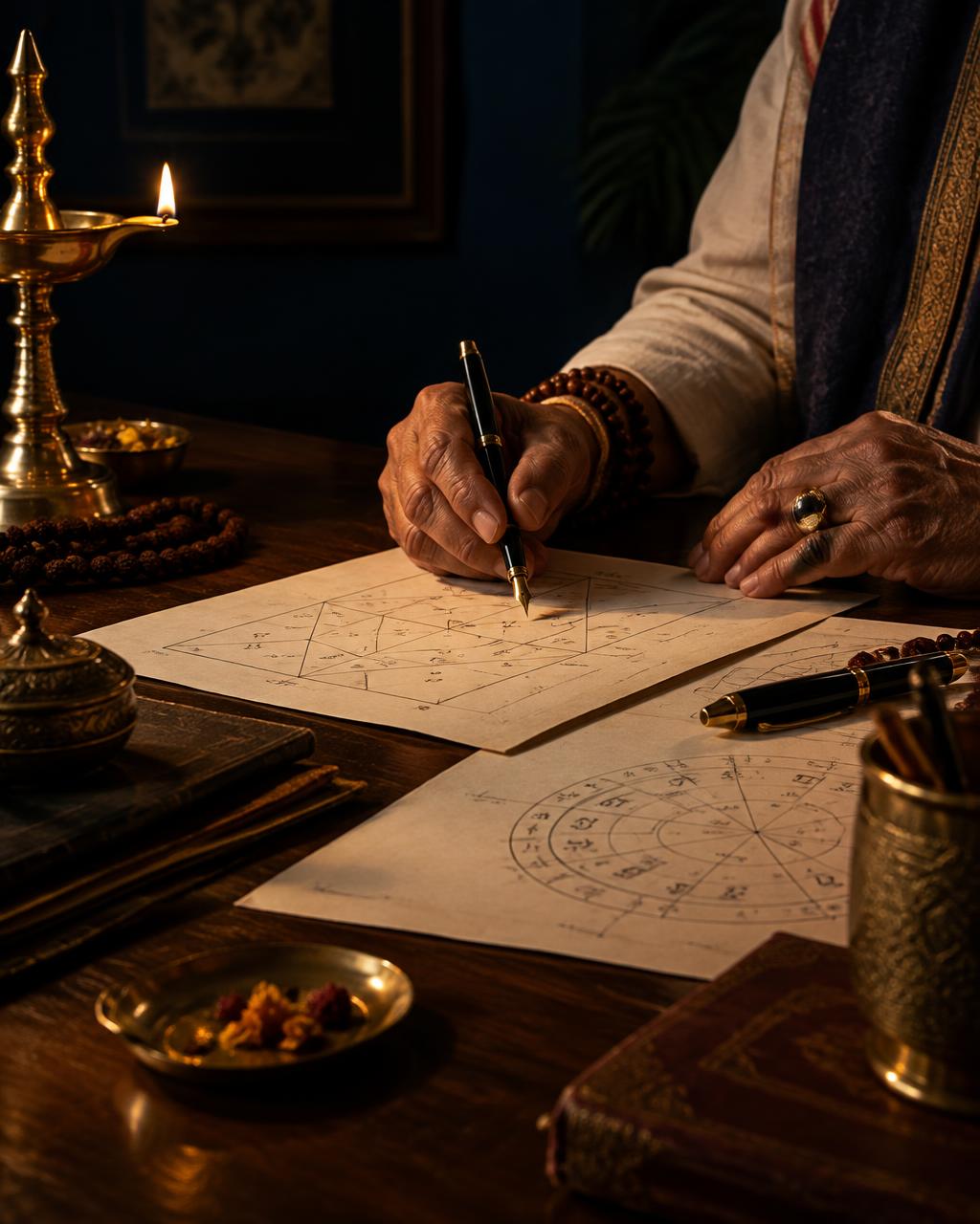 An elder mystic preparing a birth chart by lamplight